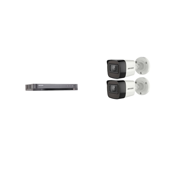 Kit supraveghere video Hikvision 5MP, cu 2 camere 5MP de exterior/interior si HDD 1 TB cu accesorii montaj MK448