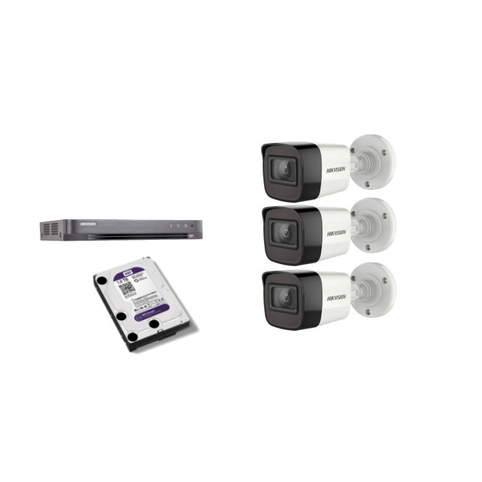 Kit supraveghere video Hikvision 5MP, cu 3 camere 5MP de exterior/interior si HDD 1 TB MK401