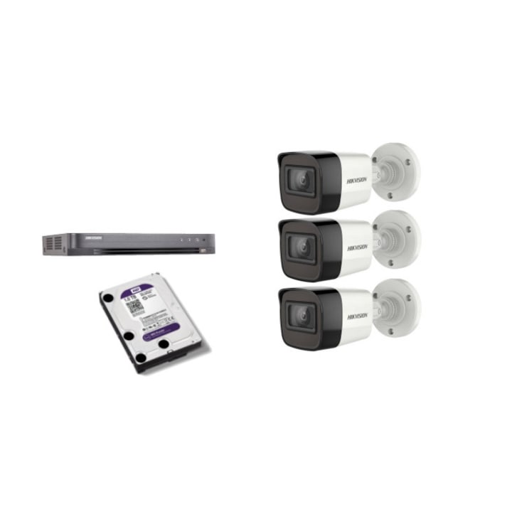 Kit supraveghere video Hikvision 5MP, cu 1 camera 5MP de exterior/interior si HDD 1 TB cu accesorii montaj MK545