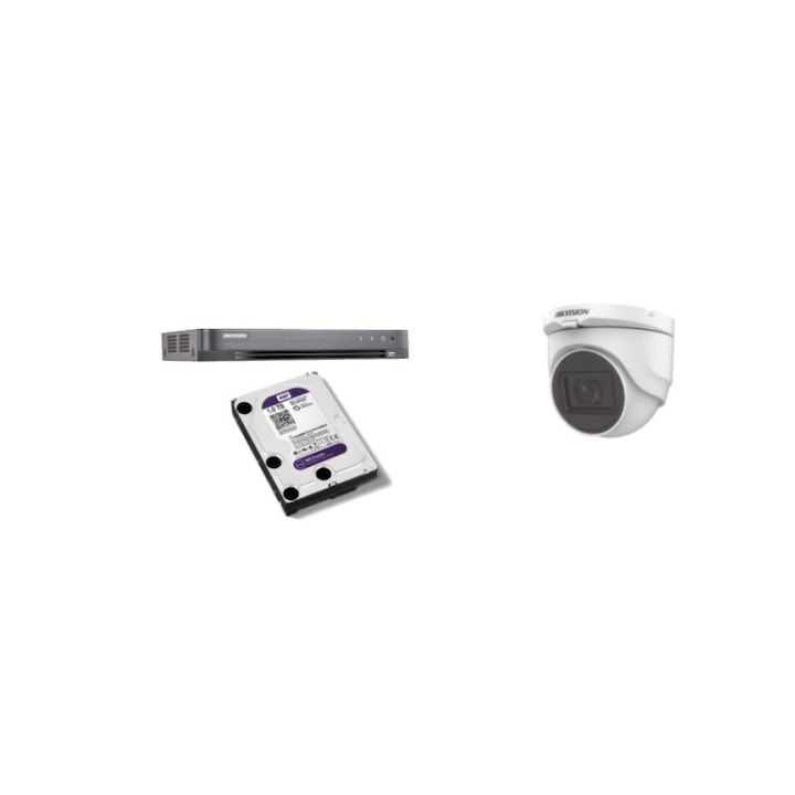 Kit supraveghere video Hikvision 5MP, cu 2 camere 5MP de exterior/interior si HDD 1 TB MK412
