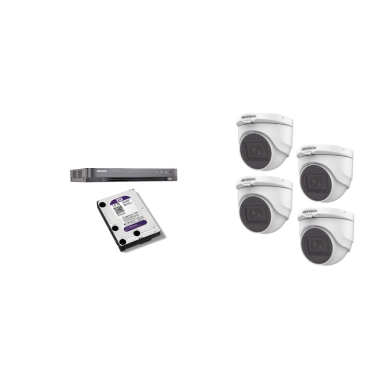 Kit supraveghere video Hikvision 5MP, cu 4 camere 5MP de exterior/interior si HDD 1 TB MK512