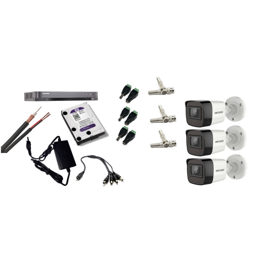 Kit supraveghere video Hikvision 8MP, cu 3 camere 8MP de exterior/interior si HDD 1 TB cu accesorii montaj MK596