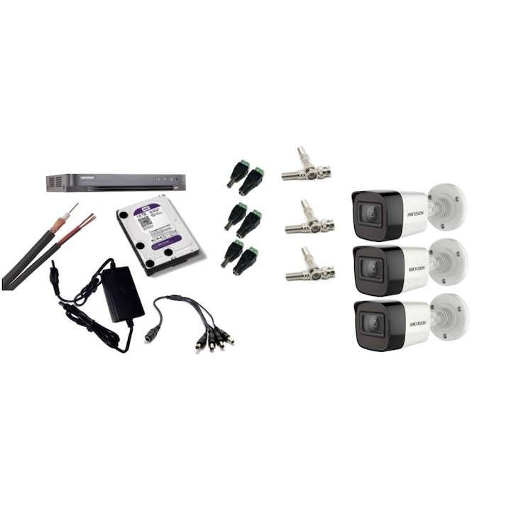 Kit supraveghere video Hikvision 8MP, cu 3 camere 8MP de exterior/interior MK572