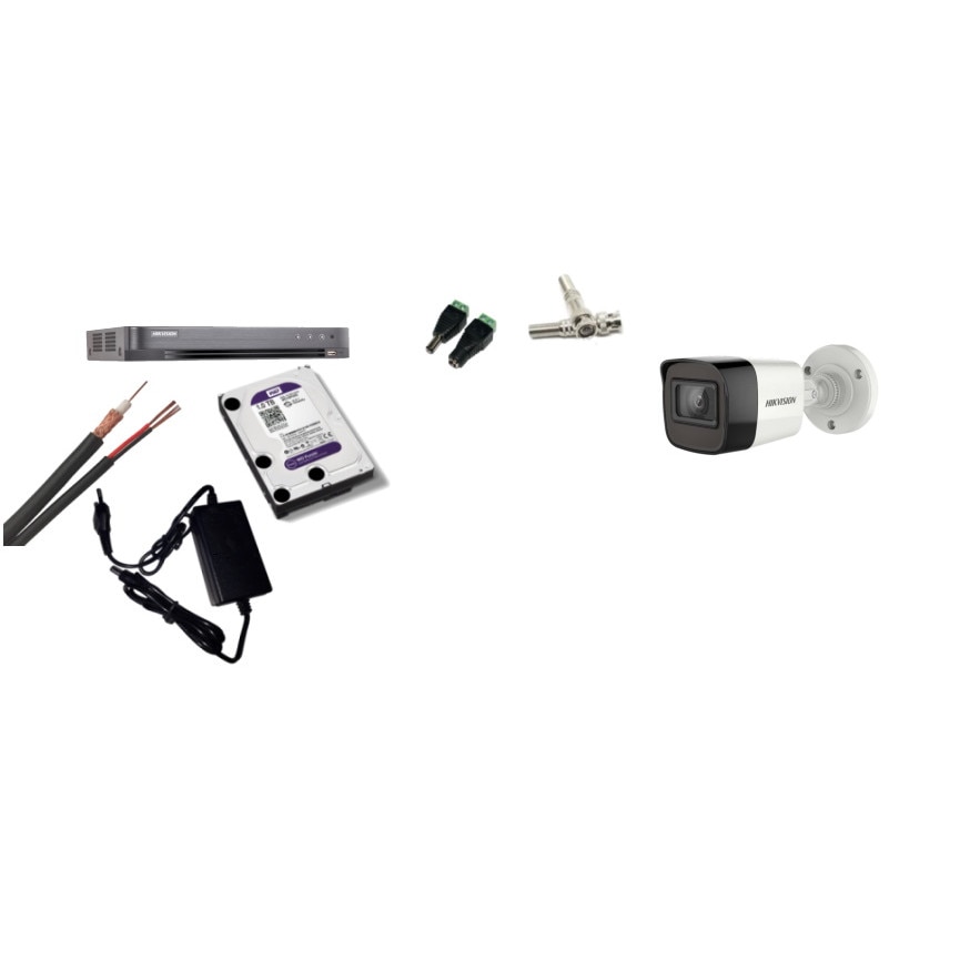 Kit supraveghere video Hikvision 5MP, cu 1 camera 5MP de exterior/interior si HDD 1 TB cu accesorii montaj MK431