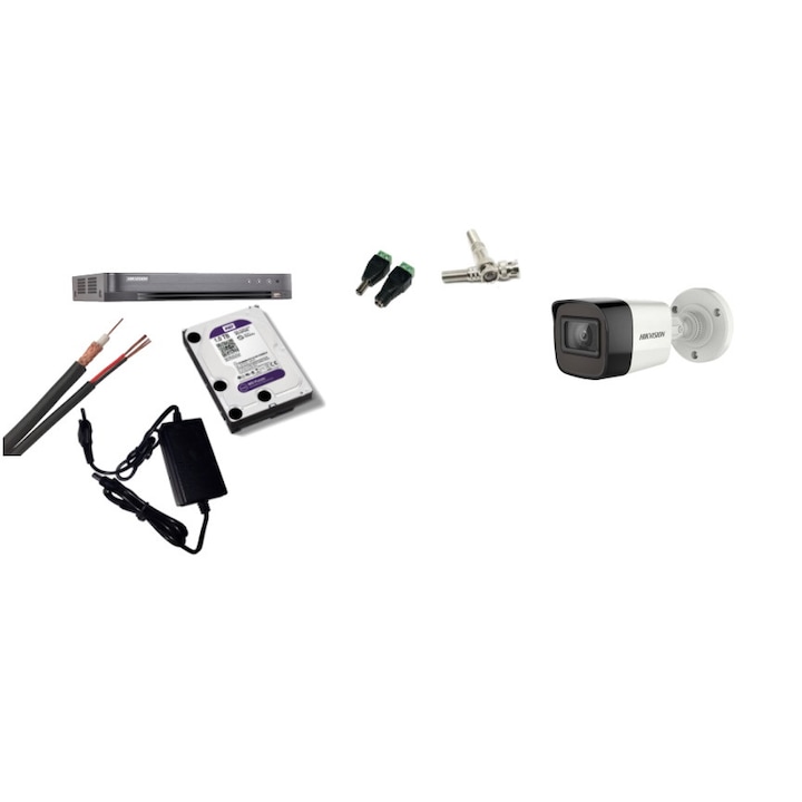 Kit supraveghere video Hikvision 5MP, cu 1 camera 5MP de exterior/interior si HDD 1 TB MK521