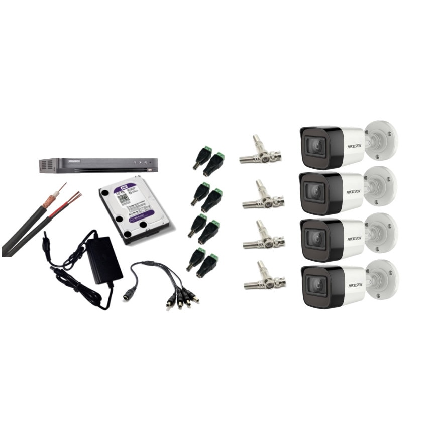 Kit supraveghere video Hikvision 5MP, cu 4 camere 5MP de exterior/interior si HDD 1 TB cu accesorii montaj MK434