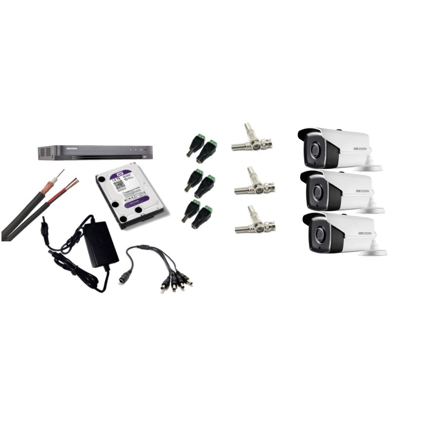 Kit supraveghere video Hikvision 5MP, cu 3 camere 5MP de exterior/interior si HDD 1 TB cu accesorii montaj MK445