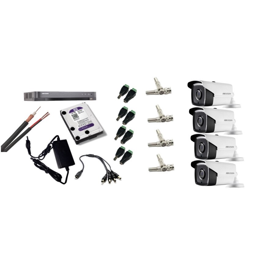 Kit supraveghere video Hikvision 8MP, cu 4 camere 8MP de exterior/interior si HDD 1 TB cu accesorii montaj MK605