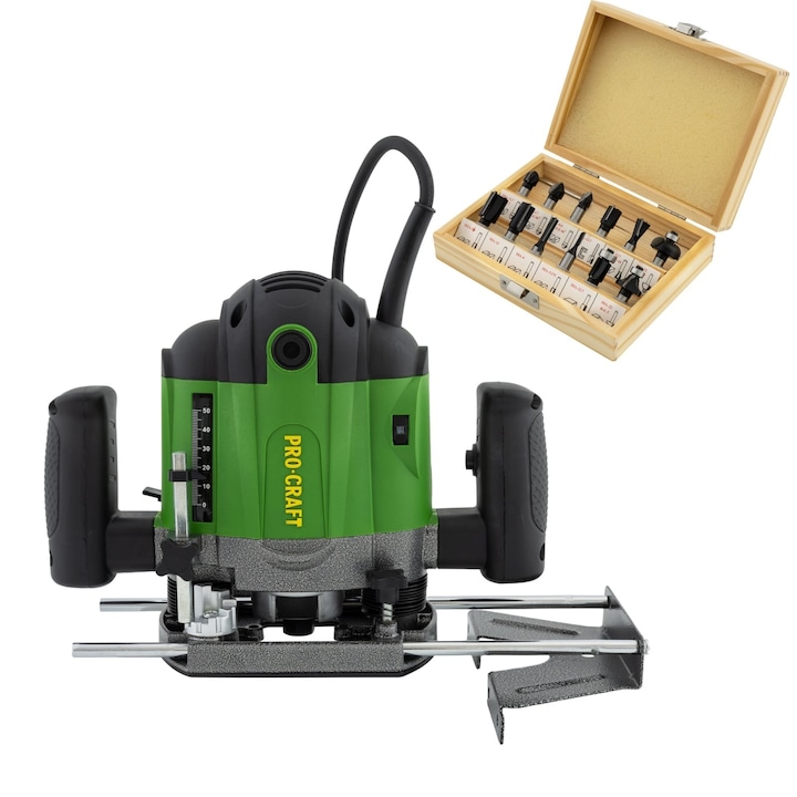 Freză lemn ProCraft, 1200W, 220V, 26000Rpm, adâncime frezare 58mm, include 12 freze