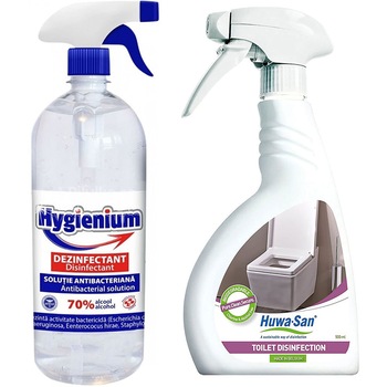 Set 1 x Solutie dezinfectanta maini, HYGIENIUM, Virucid, 1000ml + 1 x Spray dezinfectant virucid baie, HUWA-SAN TOILET, Biodegradabil, 500ml Set 1 x Solutie dezinfectanta maini, HYGIENIUM, Virucid, 1000ml + 1 x Spray dezinfectant virucid baie, HUWA-SAN TOILET, Biodegradabil, 500ml