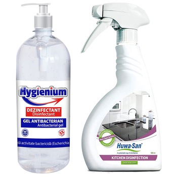 Set 1 x Gel dezinfectant maini, HYGIENIUM, Virucid, 1000ml + 1 x Spray dezinfectant virucid bucatarie , HUWA-SAN KITCHEN, Biodegradabil, 500ml Set 1 x Gel dezinfectant maini, HYGIENIUM, Virucid, 1000ml + 1 x Spray dezinfectant virucid bucatarie , HUWA-SAN KITCHEN, Biodegradabil, 500ml