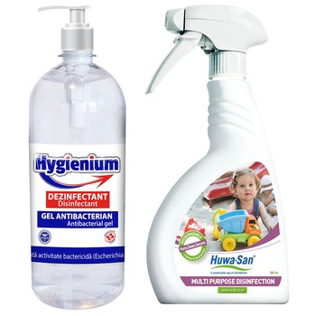 Set 1 x Gel dezinfectant maini, HYGIENIUM, Virucid, 1000ml + 1 x Spray dezinfectant virucid, HUWA-SAN MULTIPURPOSE KIDS, Ecologic, 500ml Set 1 x Gel dezinfectant maini, HYGIENIUM, Virucid, 1000ml + 1 x Spray dezinfectant virucid, HUWA-SAN MULTIPURPOSE KIDS, Ecologic, 500ml