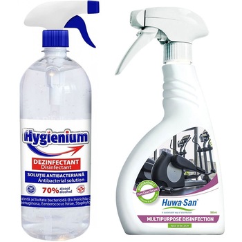 Set 1 x Solutie dezinfectanta maini, HYGIENIUM, Virucid, 1000ml + 1 x Spray dezinfectant universal sala, HUWA-SAN MULTIPURPOSE FITNESS, 500ml Set 1 x Solutie dezinfectanta maini, HYGIENIUM, Virucid, 1000ml + 1 x Spray dezinfectant universal sala, HUWA-SAN MULTIPURPOSE FITNESS, 500ml