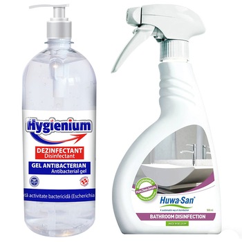Set 1 x Gel dezinfectant maini, HYGIENIUM, Virucid, 1000ml + 1 x Spray dezinfectant virucid baie, HUWA-SAN BATHROOM, Biodegradabil, 500ml Set 1 x Gel dezinfectant maini, HYGIENIUM, Virucid, 1000ml + 1 x Spray dezinfectant virucid baie, HUWA-SAN BATHROOM, Biodegradabil, 500ml