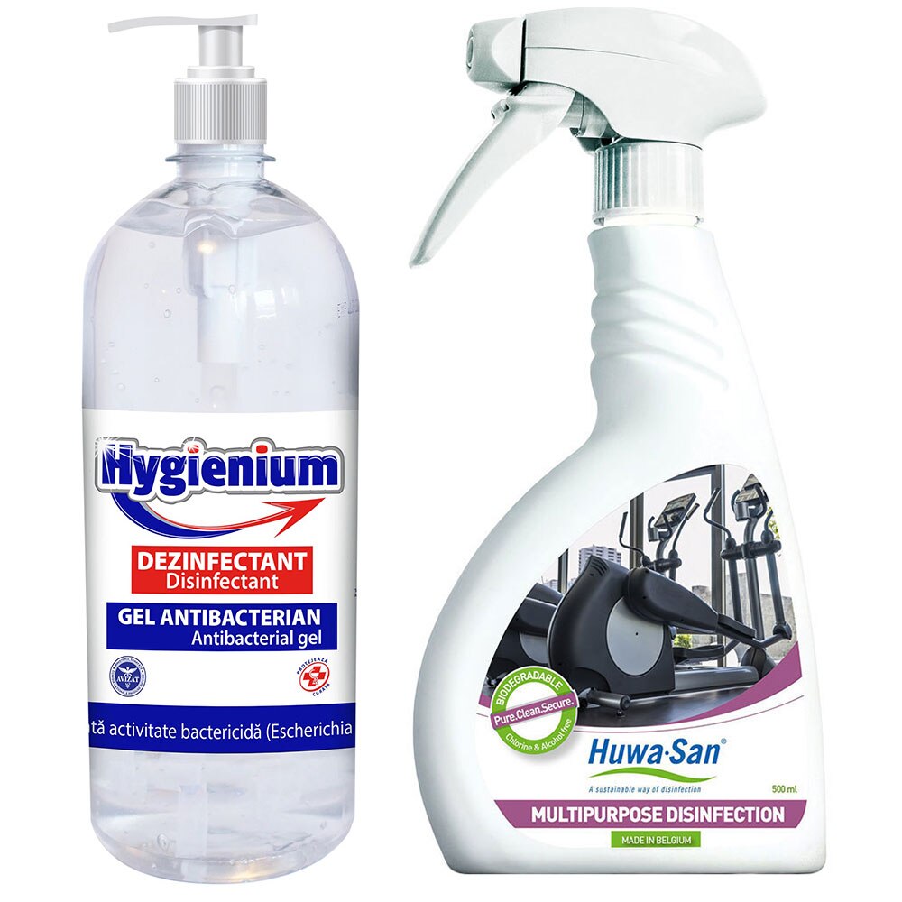 Set 1 x Gel dezinfectant maini, HYGIENIUM, Virucid, 1000ml + 1 x Spray dezinfectant universal sala, HUWA-SAN MULTIPURPOSE FITNESS, 500ml