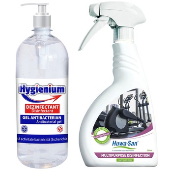 Set 1 x Gel dezinfectant maini, HYGIENIUM, Virucid, 1000ml + 1 x Spray dezinfectant universal sala, HUWA-SAN MULTIPURPOSE FITNESS, 500ml Set 1 x Gel dezinfectant maini, HYGIENIUM, Virucid, 1000ml + 1 x Spray dezinfectant universal sala, HUWA-SAN MULTIPURPOSE FITNESS, 500ml