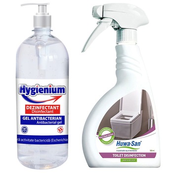 Set 1 x Gel dezinfectant maini, HYGIENIUM, Virucid, 1000ml + 1 x Spray dezinfectant virucid baie, HUWA-SAN TOILET, Biodegradabil, 500ml Set 1 x Gel dezinfectant maini, HYGIENIUM, Virucid, 1000ml + 1 x Spray dezinfectant virucid baie, HUWA-SAN TOILET, Biodegradabil, 500ml
