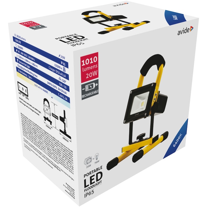 Avide LED Projektor, 20W, hordozható akkumulátorral, hideg fény, 1010lm, IP65