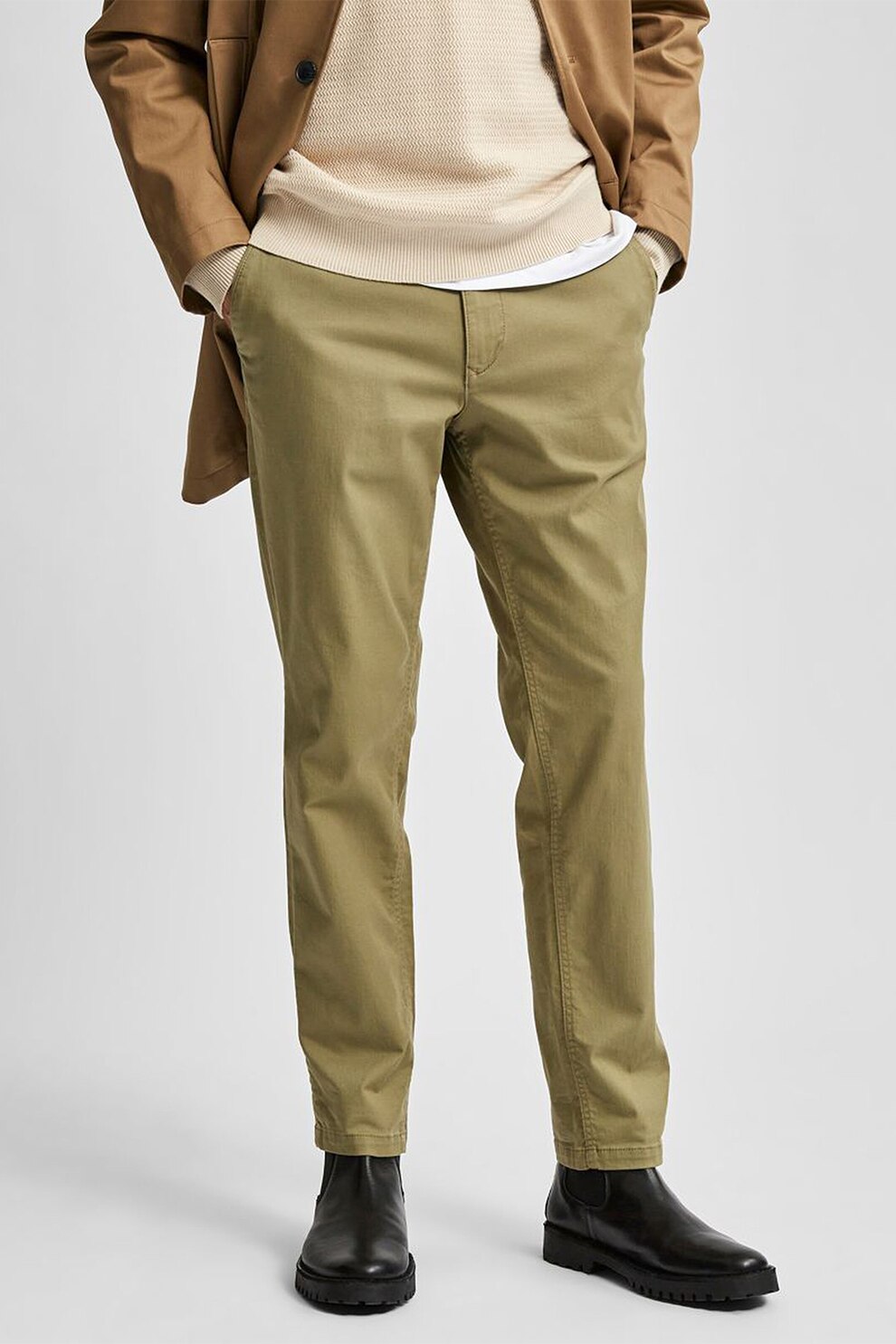 Selected Homme, Pantaloni chino din amestec de bumbac organic Miles, Kaki