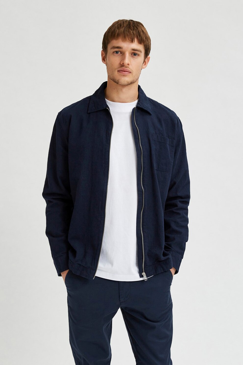 Selected Homme, Jacheta din amestec de in si bumbac organic, Bleumarin, M