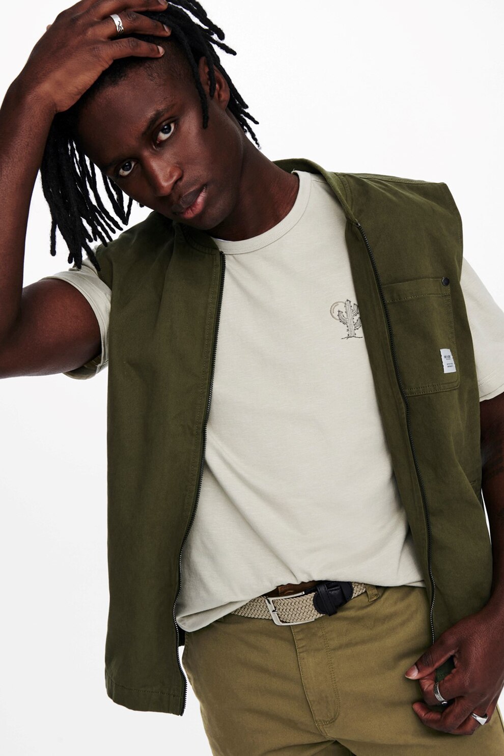 Only & Sons, Tricou din bumbac cu broderie pe piept, Grej, S