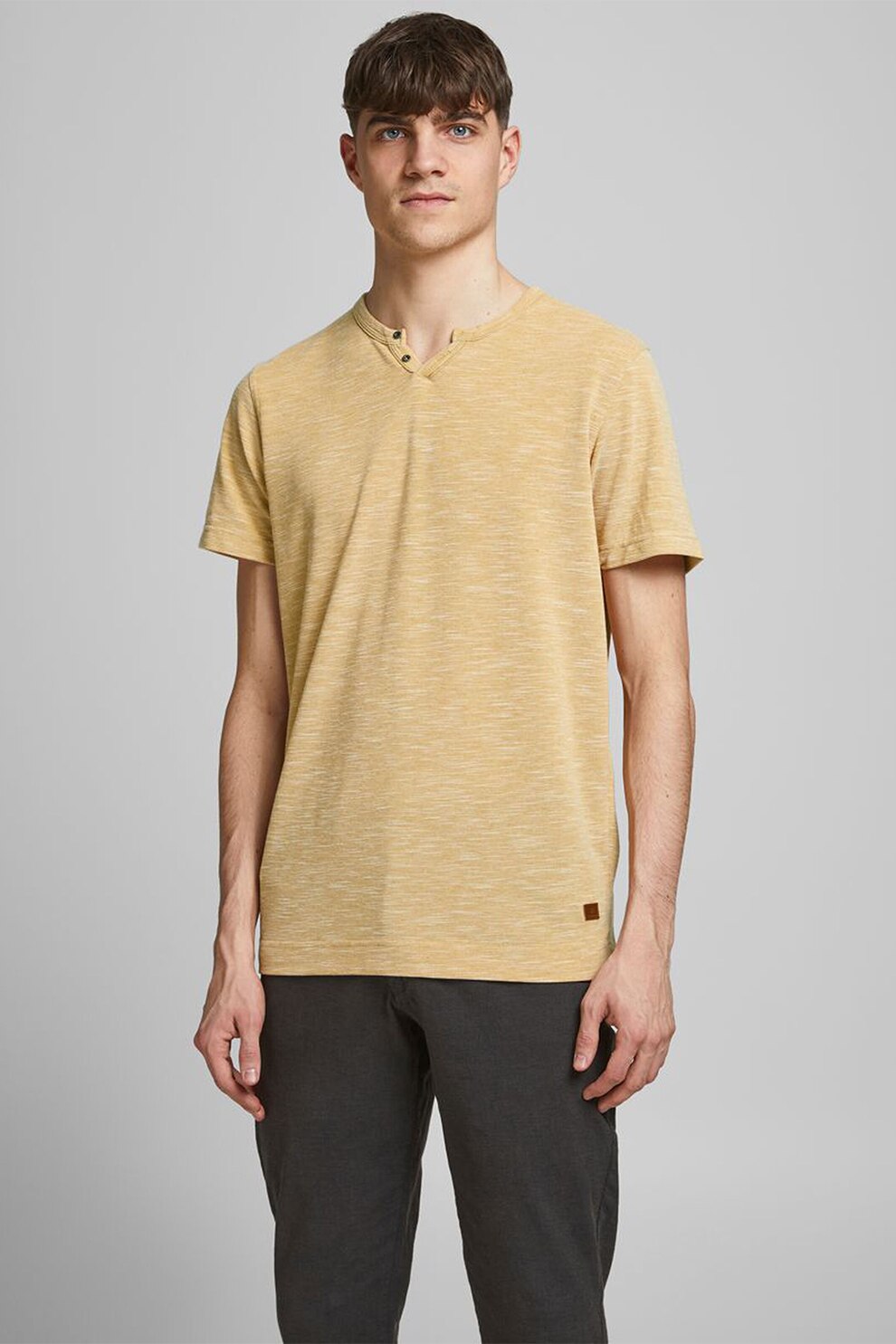 Jack&Jones, Tricou din amestec de bumbac cu decolteu cu decupaj in V, Bej