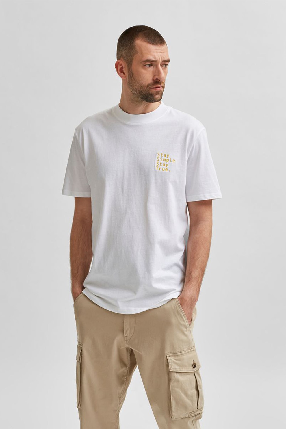 Selected Homme, Tricou din bumbac organic cu broderie text, Alb