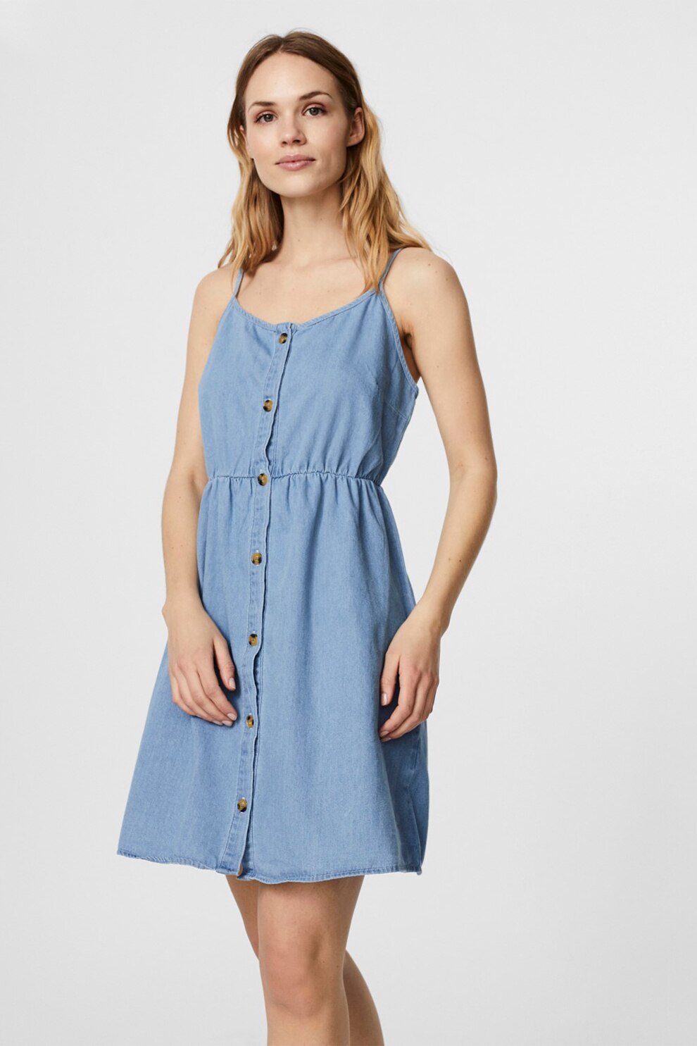 Vero Moda, Rochie mini din bumbac organic cu bretele inguste, Albastru deschis