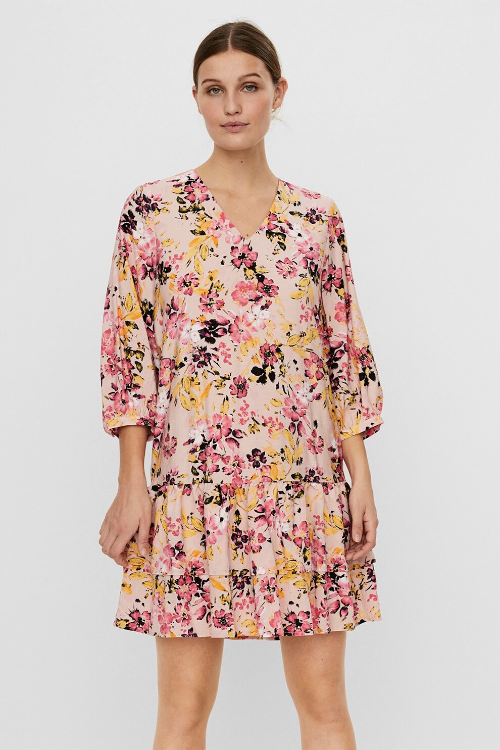 Vero Moda, Rochie cu model floral si maneci trei sferturi, Multicolora