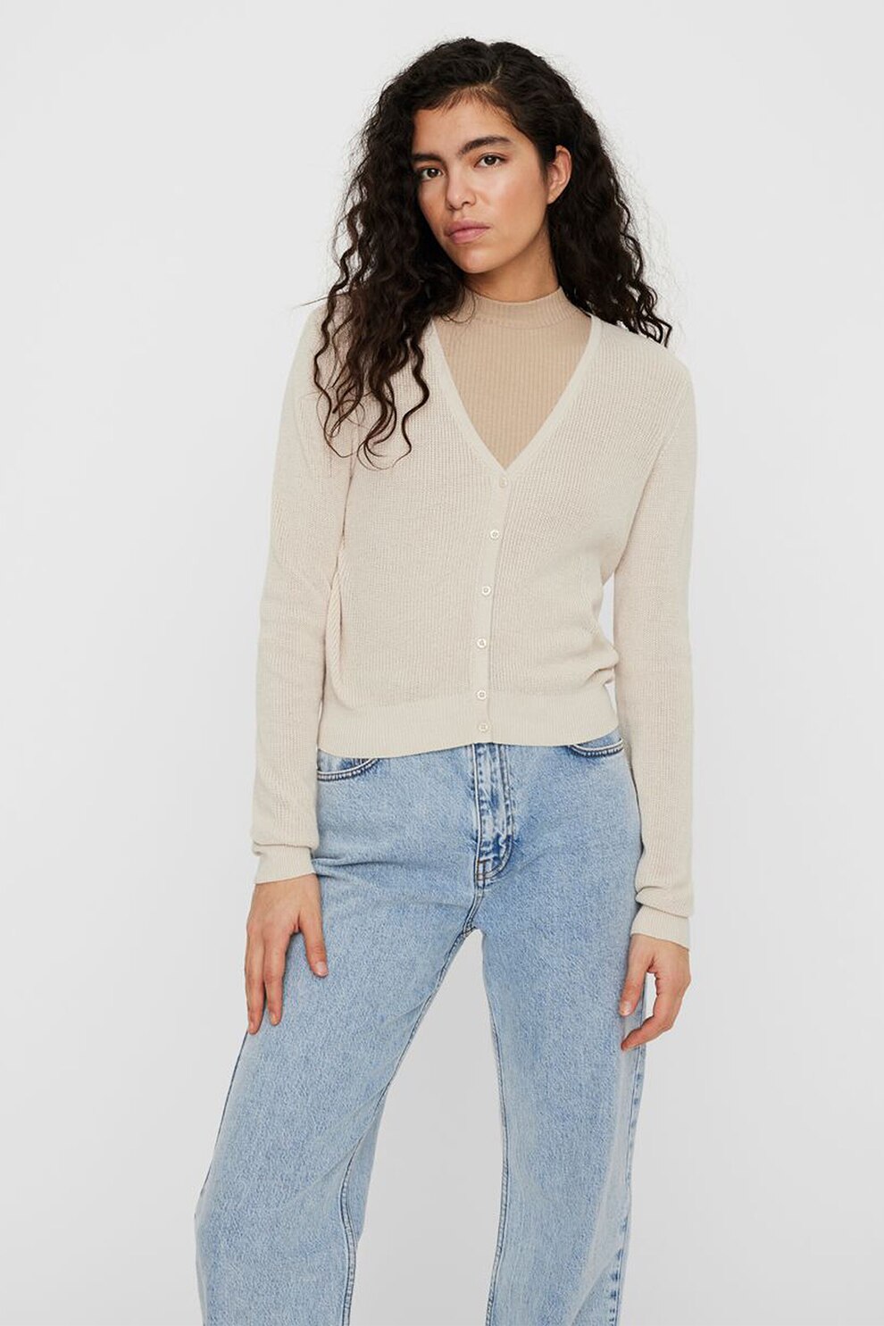 Vero Moda, Cardigan relaxed fit tricotat fin, Maro nisip, XL