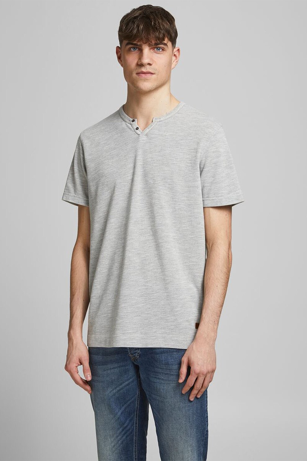 Jack&Jones, Tricou din amestec de bumbac cu decolteu cu decupaj in V, Gri