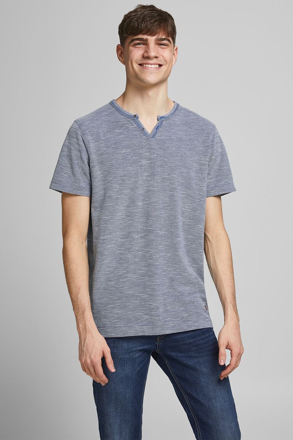 Jack&Jones, Tricou din amestec de bumbac cu decolteu cu decupaj in V, Albastru lavanda