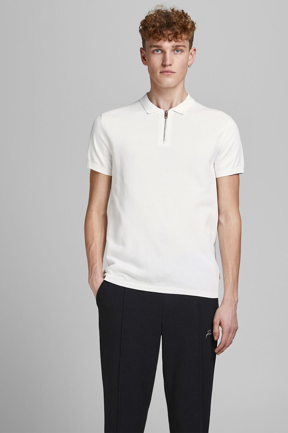 Jack&Jones, Tricou polo cu fenta cu fermoar, Alb