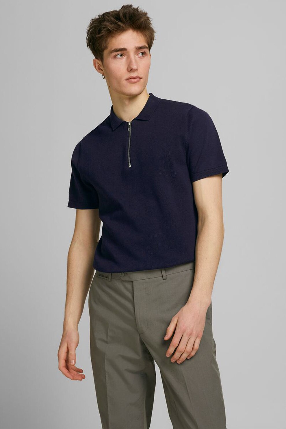 Jack&Jones, Tricou polo cu fenta cu fermoar, Bleumarin