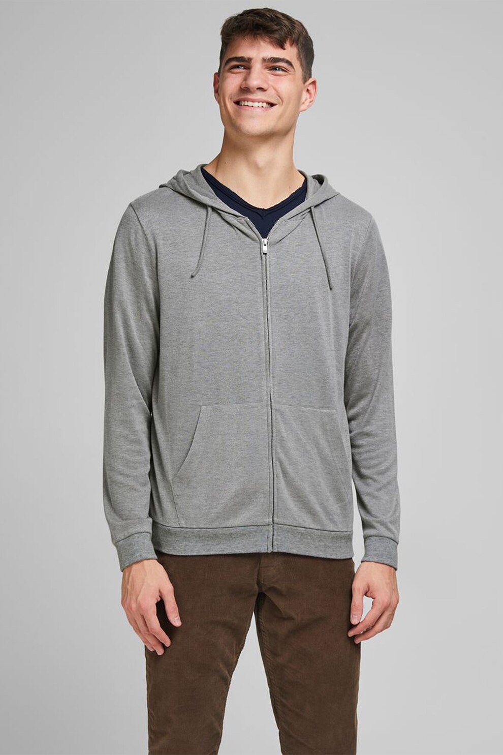 Jack&Jones, Cardigan cu gluga, fermoar si buzunare oblice, Gri