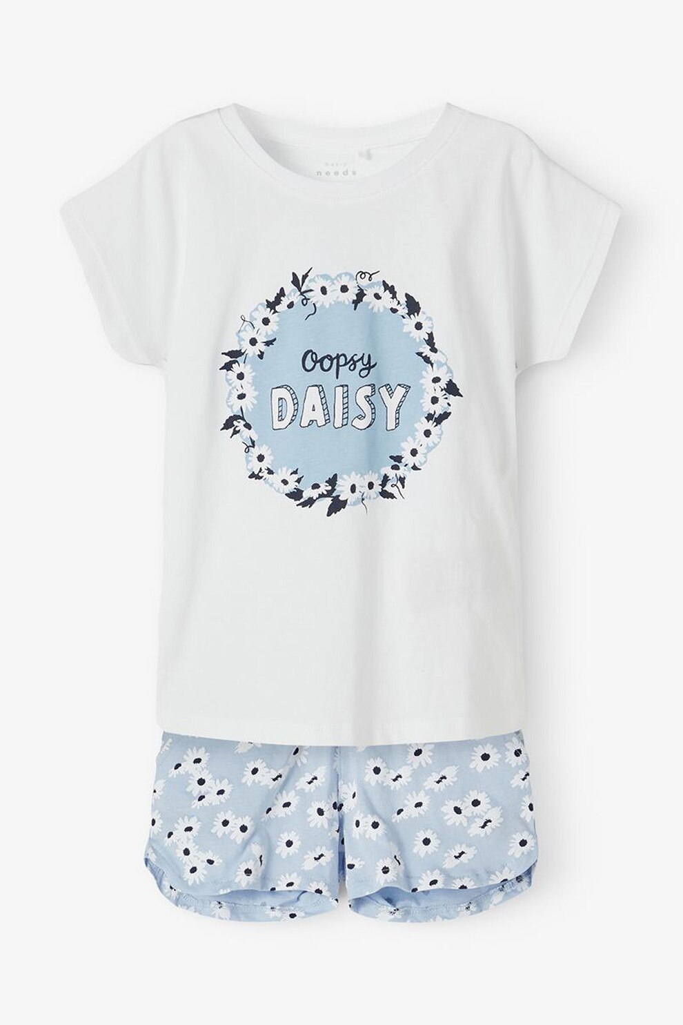 NAME IT, Set de tricou si pantaloni scurti din bumbac organic - 2 piese, fete, cu imprimeu, Alb/Bleu