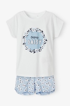 NAME IT, Set de tricou si pantaloni scurti din bumbac organic - 2 piese, fete, cu imprimeu, Alb/Bleu NAME IT, Set de tricou si pantaloni scurti din bumbac organic - 2 piese, fete, cu imprimeu, Alb/Bleu
