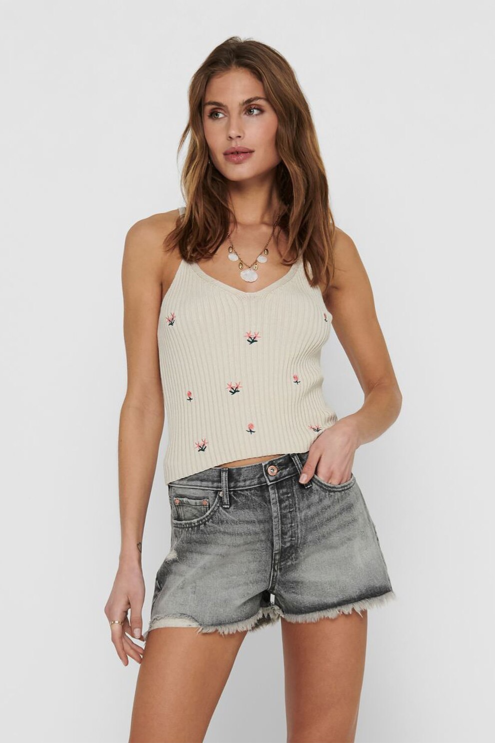 Only, Top striat cu detalii brodate, Maro nisip