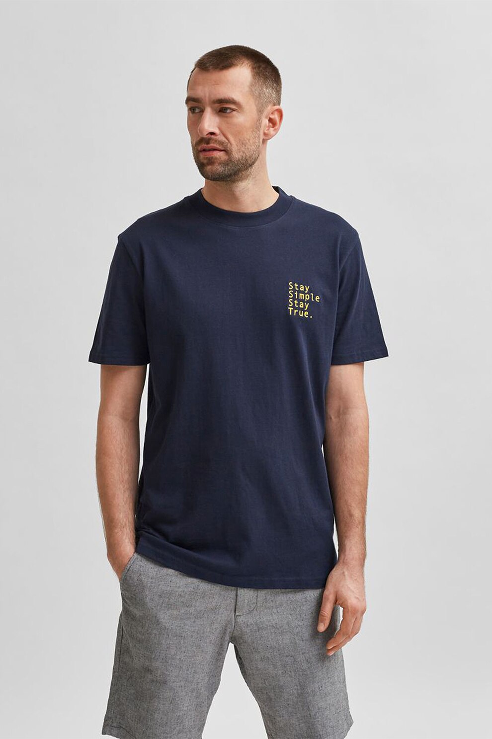 Selected Homme, Tricou din bumbac organic cu broderie text, Bleumarin
