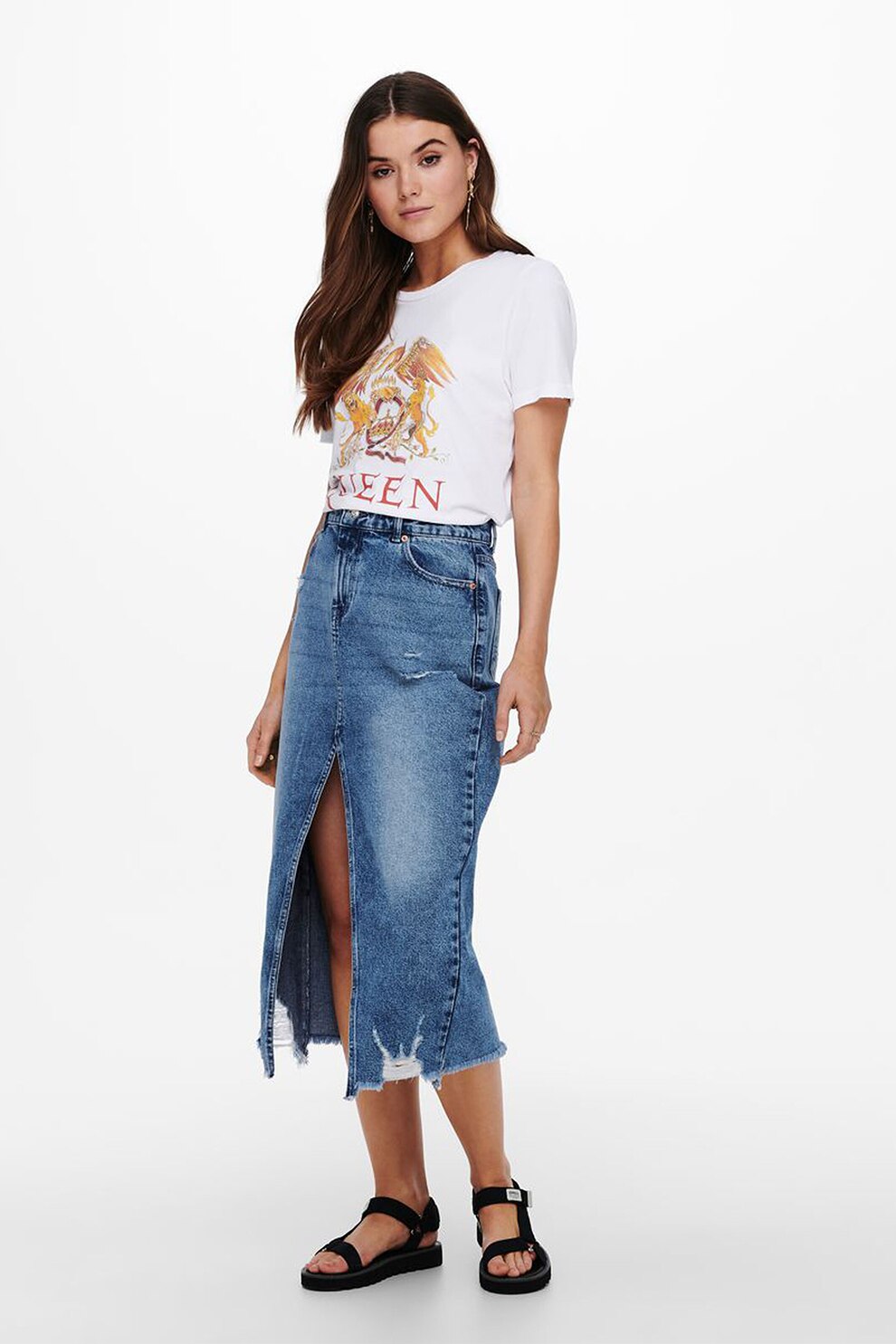 Only, Tricou cu decolteu la baza gatului si imprimeu grafic, Alb