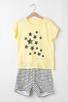 NAME IT, Set de tricou si pantaloni scurti din bumbac organic Vigea, Galben/Alb NAME IT, Set de tricou si pantaloni scurti din bumbac organic Vigea, Galben/Alb