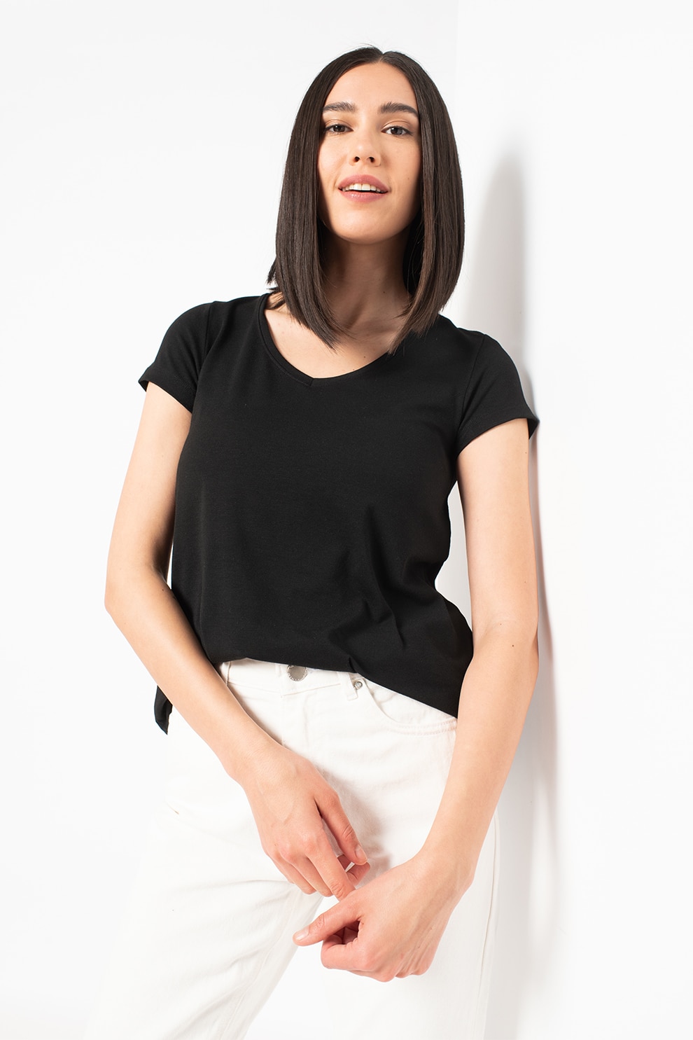 Only, Tricou din jerseu cu decolteu in V Moster, Negru