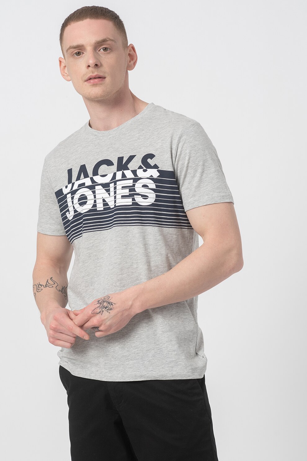 Jack&Jones, Tricou cu decolteu la baza gatului si imprimeu logo, Gri melange/Bleumarin