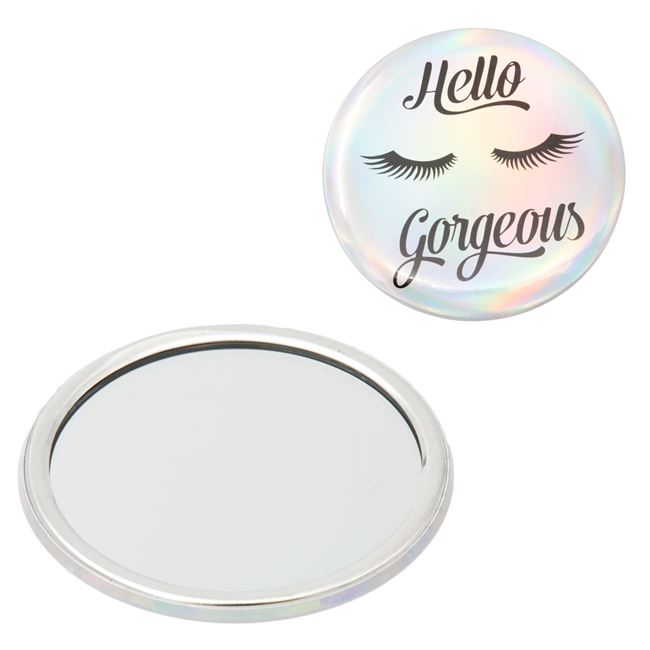 Oglinda cosmetica pentru poseta, mesaj Hello Gorgeous, argintie, 7 cm