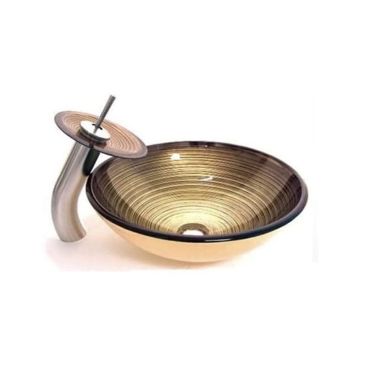 Set Complet Lavoar De Blat PRO ERA GLASS Si Baterie, Forma Rotunda, Dimensiuni 42 cm X 42 X 14 cm, Sticla Temperata, Auriu