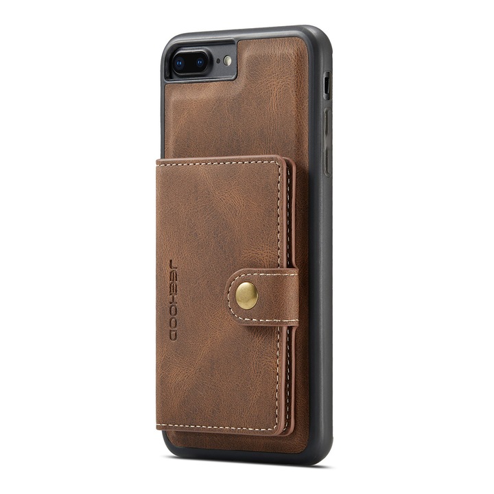 Husa pentru iPhone 8 Plus, 7 Plus, piele cu textura moale, back cover, mini portofel detasabil, CaseMe, Maro