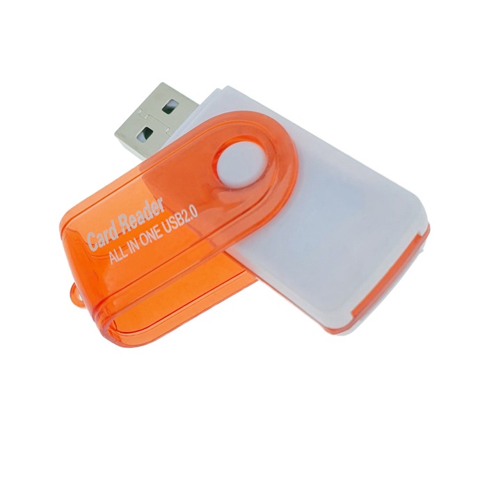 Cititor USB 2.0 pentru carduri de memorie MicroSD, SDHC, M2, MMC, cu capac rotativ, alb cu portocaliu