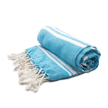 Prosop subtire spa/plaja,90x180 cm,100% bumbac , greutate 275g , model dungi subtiri , culoare turcoaz light cu alb Prosop subtire spa/plaja,90x180 cm,100% bumbac , greutate 275g , model dungi subtiri , culoare turcoaz light cu alb