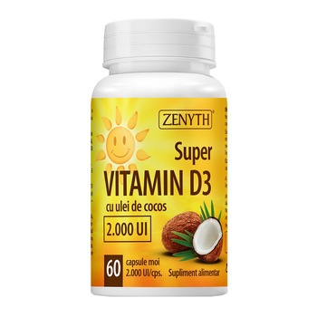 Supliment alimentar Super vitamina D3 cu ulei de cocos 2.000 UI, Zenyth, 60 capsule Supliment alimentar Super vitamina D3 cu ulei de cocos 2.000 UI, Zenyth, 60 capsule