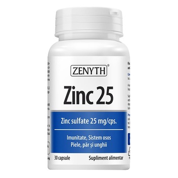 Supliment alimentar Zinc 25 sulfat de zinc, 25 mg/cps, Zenyth, 30 capsule Supliment alimentar Zinc 25 sulfat de zinc, 25 mg/cps, Zenyth, 30 capsule